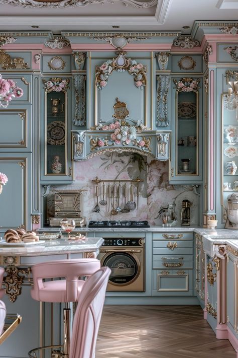 29 French Style Kitchen Ideas for a Touch of Paris - My Elegant Home Rococo Style Interior Design, Best Colors For Kitchen, Sims Landscaping, Modern Rococo Aesthetic, Rococo Kitchen, Claude Monet Aesthetic, French Style Kitchen Ideas, Rococo House, Rococo Home