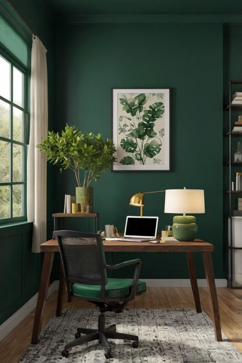 Hunter Green (BM 2041-10): Forest Retreat - Best Wall Paint Color 2024 for Deep Greens - upgradesign.blog Green Wall Shades, Forest Green Home Office, Forest Green Study, Green Office Interior Design, Forest Green Office Walls, Emerald Green Wall Paint, Dark Green Painted Walls, Emerald Green Paint Colors, Hunter Green Living Room