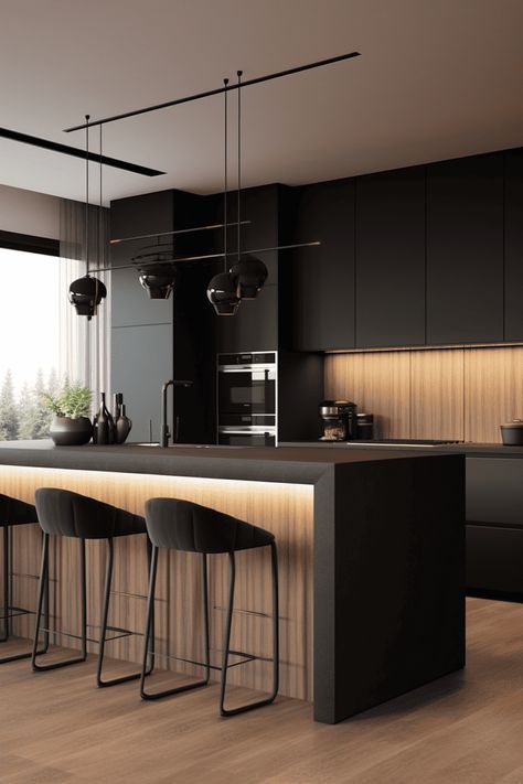 Black Kitchen Modern Design, Black Matt Kitchen Cabinets, Black And Wood Island Kitchen, Kitchen Modern Black And White, Black And Timber Kitchen Modern, Kitchen Black With Wood, Black Bright Kitchen, Contrast Kitchen Design, Light In Kitchen Ideas