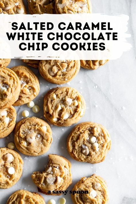 White Chocolate Cookie Recipes, Caramel Chips, White Chocolate Desserts, Chocolate Caramel Cookies, Salted Caramel Cookies, Caramel Chocolate Chip Cookies, Hazelnut Cookies, White Chocolate Chip, White Chocolate Chip Cookies