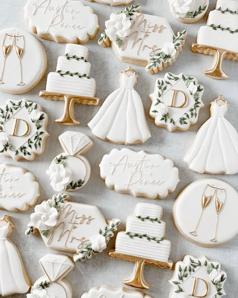 Bouge Cookie Co posted on Instagram: “The full set! White, greenery, & gold is so dreamy! 😍 . . . . #weddingcookies #bridecookies…” • See all of @bougecookieco's photos and videos on their profile. Bride Cookies, Wedding Cookies Decorated, Wedding Dress Cookies, Wedding Shower Cookies, Anniversary Cookies, Engagement Cookies, Bridal Cookies, Bridal Shower Desserts, Wedding Cake Cookies