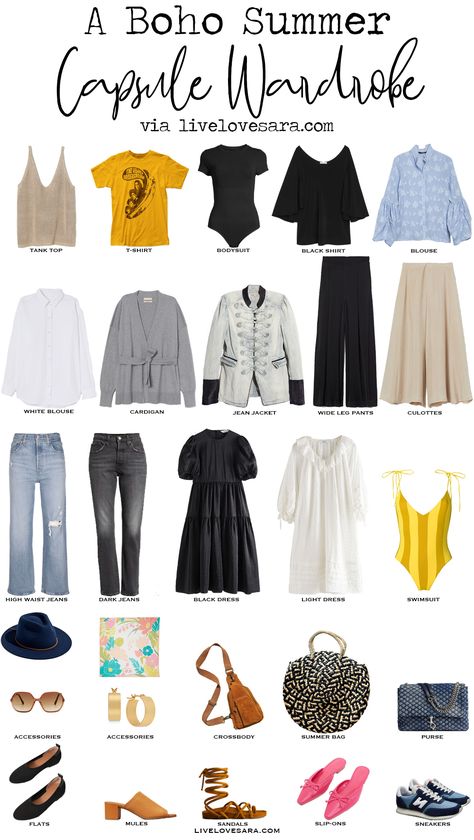 Boho Capsule Wardrobe Knit Tank | Band Tee | Black Bodysuit | Black Shirt | Blue Blouse | White Blouse | Cardigan | Jean Jacket | Black Wide Leg Pants | Beige Culottes | High Retro Capsule Wardrobe, Boho Wardrobe, Boho Outfit, Travel Capsule, Spring Capsule, Summer Capsule, Travel Capsule Wardrobe, Spring Capsule Wardrobe, Black Wide Leg Pants