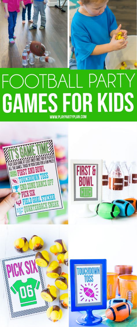 DIY football party games for kids with free printable instruction cards! Definitely six of the best things to do at a football party whether it be Super Bowl or a kids football birthday party! Football Themed Birthday Party Games, Football Games For Kids, Kids Football Parties, Diy Football Party, Football Party Games, Football Theme Birthday, Diy Kids Party, Party Games For Kids, Football Theme Party