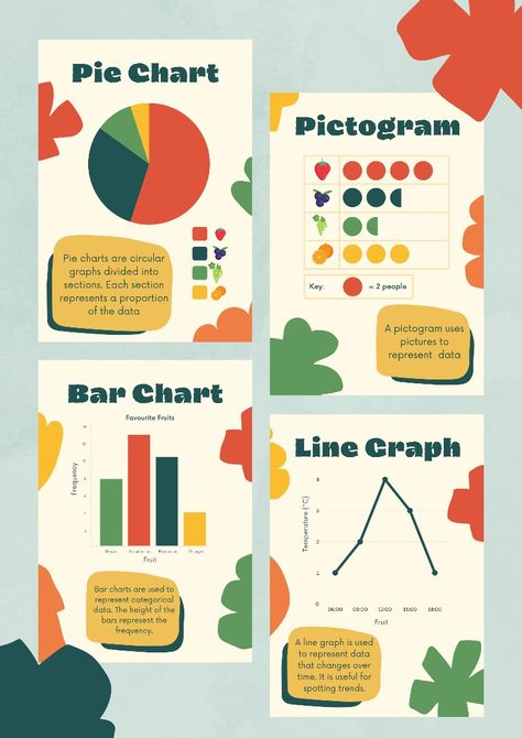 Poster set, math, maths, handling data, pie charts, line graphs, bar charts, pictogram, school, education, primary school, high school Pie Chart Project Ideas, Types Of Charts And Graphs, Pie Chart Aesthetic, Charts And Graphs Design, Bar Chart Ideas, Graph Design Chart, Pie Graph Design, Creative Pie Chart, Pie Chart Design Creative