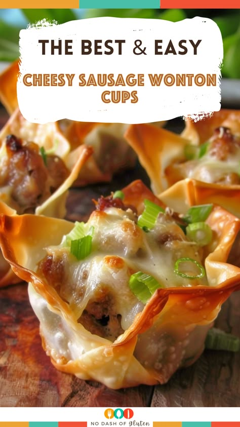 Sausage Wonton Cups, Wonton Wrapper Recipes Appetizers, Wonton Appetizer Recipes, Wonton Cups Appetizers, Wonton Appetizers, Wonton Wrapper Recipes, Sausage Appetizers, Crispy Wonton, Wonton Cups