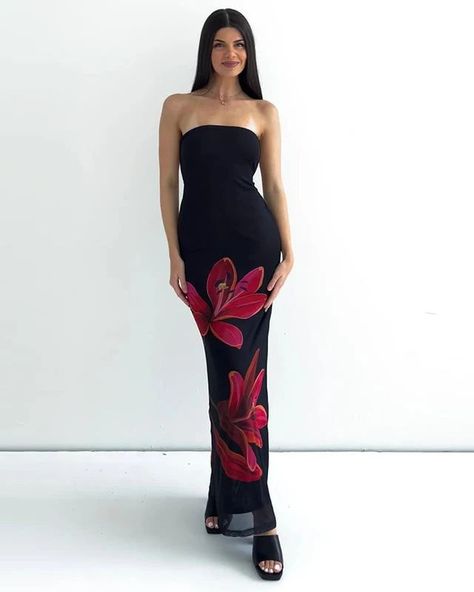 Personalized Printed Collar Tube Top Backless Tied Dress Floral Print Long Dress, Open Back Maxi Dress, Floral Print Dress Long, Elegant Maxi Dress, Floral Bodycon, Tube Top Dress, Black Knit Dress, Party Package, Bodycon Floral Dress