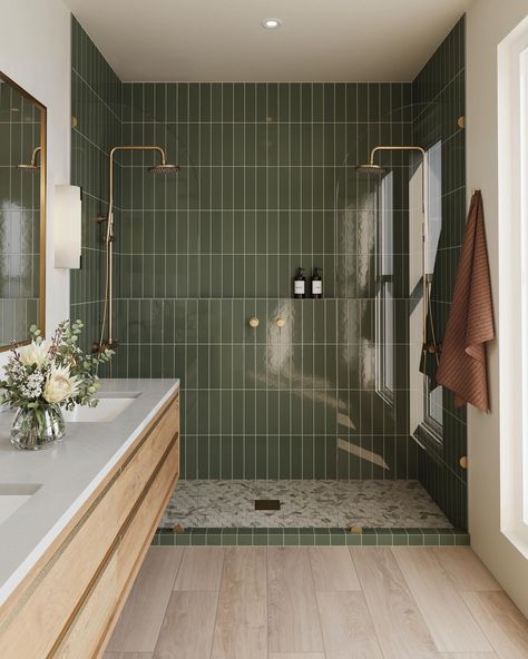 Edward Martin | Green with envy over this nature inspired oasis! 🌿 The wood-look flooring and marble-look mosaic add a touch of warmth and elegance to tie … | Instagram Green Shower Tile, Glossy Ceramic Tile, Green Tile Bathroom, Subway Tiles Bathroom, Spa Like Bathroom, Bathroom Shower Tile, Bathroom Inspiration Decor, Upstairs Bathrooms, Bathroom Floor Tiles