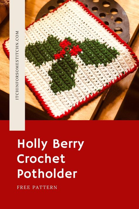 Elevate your holiday decor with our free Festive Holly Berry Crochet Potholder pattern. Spread warmth and charm in the kitchen with this delightful DIY project. Get the pattern now and crochet your way to a cozy Christmas ambiance! Crochet Deer Potholder, Potholder Christmas Gifts, Crochet Potholders Christmas, Crochet Christmas Potholder Free Pattern, Christmas Pot Holders Crochet, Crochet Christmas Hot Pads Free Pattern, Christmas Potholders Crochet, Crochet Dishcloths Free Patterns Easy, Christmas Ambiance