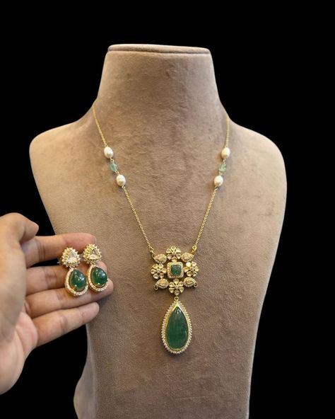 Pendant necklace and earrings set. Fastening: pushback Material: 92.5 silver Polki: Moissanite Polki Zircons Green Aventurine. [festive earrings, pendant, necklace , 925 silver, wedding special, party jewelry, festive wear] Dm us or Whatsapp on +91 8520 888 461 for details and purchase. Polki Pendant Set, Polki Pendant, Fashion Jewelry Necklaces Gold, Festive Earrings, Polki Necklace, Necklaces Gold, Festive Wear, Earrings Pendant, Necklace And Earrings Set