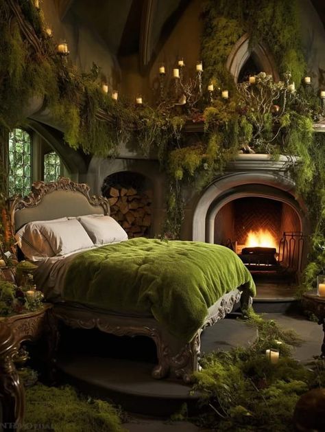 😳🩷💚 - Candle Cat and Cauldron | Facebook Druid Bedroom, Druid House, Enchanted Forest Bedroom, Fairy Home Decor, Fairytale Bedroom, Fairycore Room, Forest Bedroom, Forest Room, Fairy Bedroom