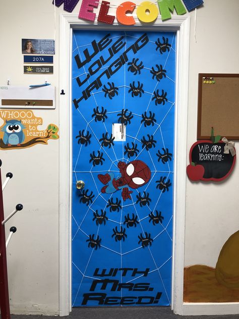 Spiderman Door Decorations Classroom, Spiderman Door Decorations, Spider Man Classroom Door, Spiderman Classroom, Avengers Classroom Door, Superhero Theme Classroom Door, Superhero Classroom Door, Superhero Teacher Door Decoration, Superhero In Training Door