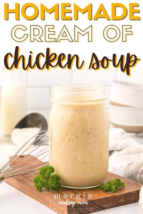 If you're tired of using canned condensed cream of chicken soup in your favorite casseroles and dips, you need to substitute with this homemade cream of chicken soup recipe! It's super easy to make, full of flavor and simple ingredients. Great for holiday dishes! Homemade Cream Of Chicken Soup, Homemade Cream Of Chicken, Homemade Bisquick, Favorite Casseroles, Condensed Soup, Homemade Pantry, Chicken Soup Recipe, Homemade Applesauce, Homemade Mixes