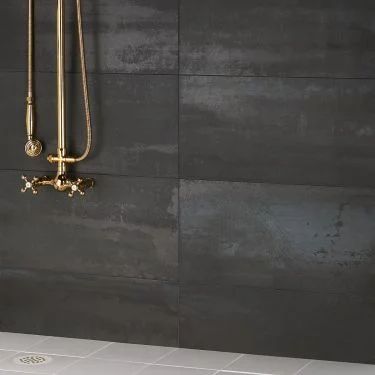 Cement & Concrete Look Tile - Porcelain | TileBar.com Black Tile Bathrooms, Black Backsplash, Black Floor Tiles, Dark Tile, Backsplash Wall, Matte Porcelain Tile, Metal Tile, Black Tiles, Downstairs Bathroom