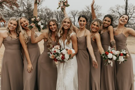 Dark Taupe Bridesmaid Dresses, Beige And Brown Bridesmaid Dress, Light Brown Bridesmaid Dresses Long, Hazelnut Bridesmaid Dresses, Fawn Wedding Color, Taupe Color Wedding, Bridesmaids Dresses Taupe, Dusty Brown Bridesmaid Dresses, Light Brown Bridesmaid Dress