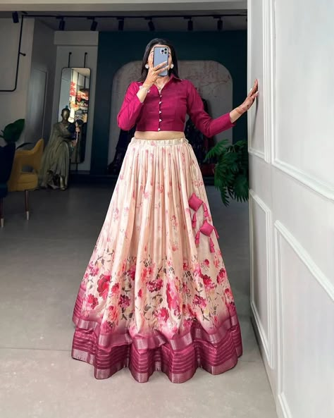 Rate : 1250 #apex__outfit Embrace the allure of tradition with the modern charm of floral prints – the Dola Silk lehenga choli speaks volumes in elegance🩷 Lehenga(Stitched) : Lehenga Fabric : Dola Silk Lehenga Work : Floral Print With Sequins and Zari Border Lehenga Waist : SUPPORTED UP TO 42 Lehenga Closer : Drawstring with Hand made Tassels and Zip Stitching : Stitched With Canvas Length : 41 Flair : 3.50 Meter Inner : Micro Cotton Blouse(Stitched) : Blouse fabric : Banglory Blouse Wor... Long Skirt Outfits For Summer, Long Skirt Top Designs, Zip Stitching, Dress Designs For Stitching, Long Frock Designs, Silk Lehenga Choli, Floral Lehenga, Rani Pink, Long Gown Design