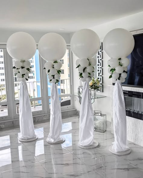 Good Balloon Arch, All White Brunch Party, All White Decorations Party, Wedding Columns Decor, White Decorations Party, White Balloon Columns, All White Table Setting, All White Party Decorations, Church Anniversary Decorations