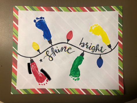 Easy Christmas Crafts For Infants, Christmas Art Projects For Infants, December Projects For Kids, Christmas Feet And Hand Crafts, Christmas Projects For Infants, Infant Holiday Crafts, Baby Feet Painting Ideas Christmas, Footprint Christmas Lights, Christmas Lights Footprint Art