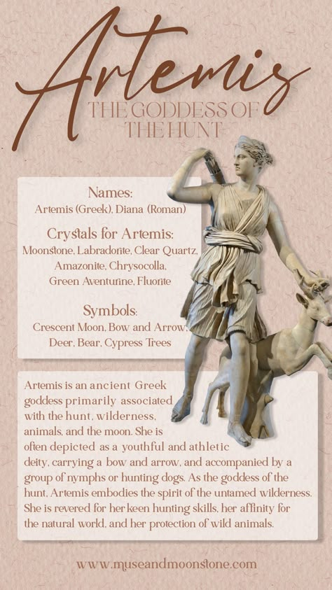 Artemis - The Goddess of the Hunt Infographic Naiad Greek Mythology, Artemis Art Moon Goddess, Artemis Goddess Statue, Atermis Goddess, Crystals For Artemis, Altar For Artemis, Signs Of Artemis, Artemis Goddess Of The Hunt, Diana Goddess Of The Hunt