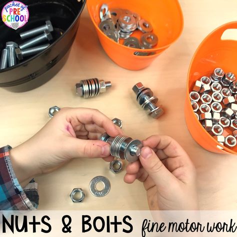 Construction fine motor! Construction themed centers and activities my preschool & pre-k kiddos will LOVE! (math, letters, sensory, fine motor, & freebies too) Construction Activities Preschool, Construction Theme Preschool, Preschool Construction, Pocket Of Preschool, Funky Fingers, Morning Tubs, Fine Motor Activities For Kids, Preschool Centers, Construction Activities