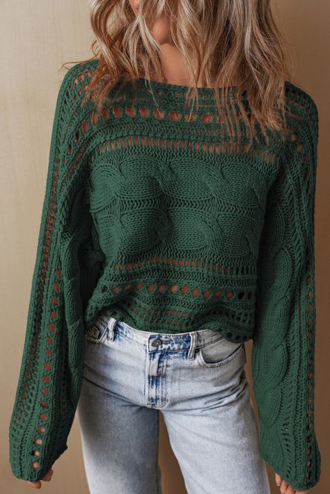 $11.95 Blackish Green Hollow-out Cable Knit Cropped Sweater Wholesale Fall Cardigan Outfits, Green Sweater Outfit, Knit Cropped Sweater, Pullover Mode, Cropped Pullover, Cozy Knit Sweater, Winter Pullover, Estilo Chic, Trendy Clothing