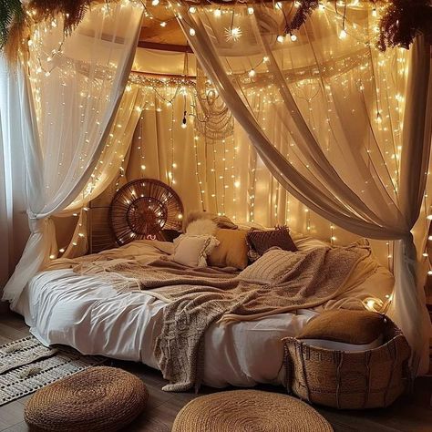 Boho Dreamland: Bed Adorned with Elegant Curtains, Lights, and Hanging Plants Round Bed With Canopy, Round Canopy Bed, Canopy Bed Frame Ideas, Rattan Blanket, Bedding Cream, Ottoman Wood, Nyc Bedroom, Romantic Bedrooms, Wood Canopy