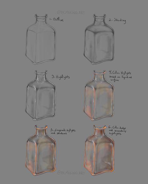 A tutorial of how i painted glass bottles for magic potions, glass was a hard thing to figure out for me since it is transparent yet has such harsh shadows and highlights. Glass Jar Reference, Potion Bottles Drawing Tutorial, Draw Glass Tutorial, How To Draw Bottles, How To Paint Transparent Objects, Glass Bottle Reference, Bottle Drawing Tutorial, Glass Containers Art, How To Paint Glass Digital Art