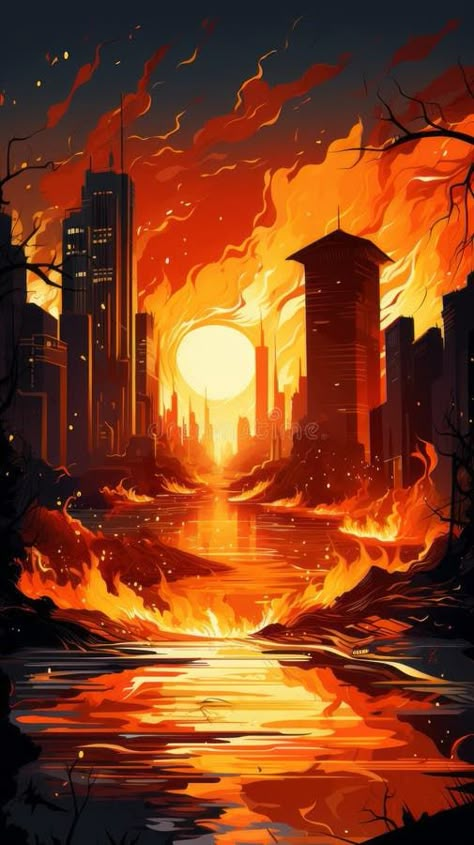 Apartment building fire in the city royalty free stock image City Burning Drawing, City On Fire Illustration, Buildings On Fire Drawing, City On Fire Art, Burning City Drawing, City On Fire Drawing, Building On Fire Drawing, Burning Building Drawing, Fire Illustration Art