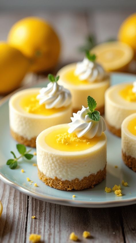 Mini Lemon Cheesecakes Lemon Blueberry Tartlets, Mini Lemon Cheesecake Bites, Mini Cheesecakes Lemon, Lemon Cheesecake Thumbprint Cookies, Lemon Sweets Recipes, Honey Bee Desserts, Easy Fine Dining Desserts, Fancy Bakery Desserts, Gourmet Dessert Ideas