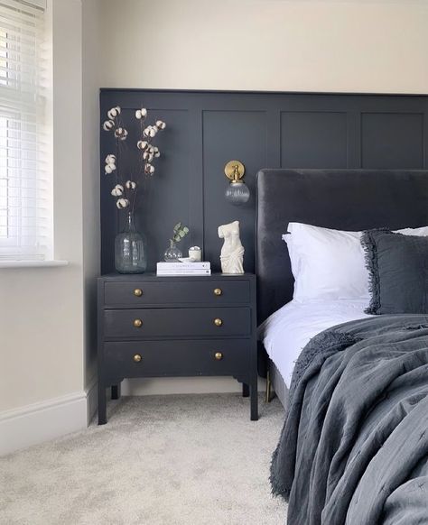 Panelling Behind Bed, Grey Panelling, Bedroom Panelling, Grown Up Bedroom, Bed Heads, Feature Wall Bedroom, Wall Panels Bedroom, Lounge Ideas, Wall Panelling