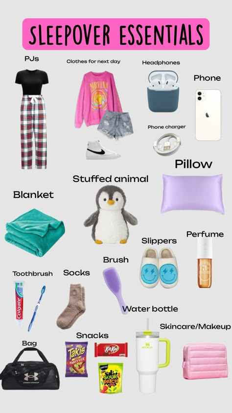 Sleepover Checklist, Sleepover Packing List, Trip Essentials Packing Lists, Teen Sleepover Ideas, Fun Sleepover Activities, Sleepover Essentials, Sleepover Tips, Road Trip Kit, Fun Sleepover Games