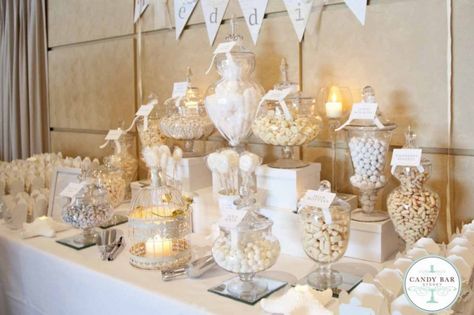 White Candy Table, Gold Candy Buffet, Vintage Candy Bars, White Candy Buffet, Purple White Wedding, Wedding Candy Table, Lolly Buffet, Candy Buffet Wedding, Candy Bar Wedding