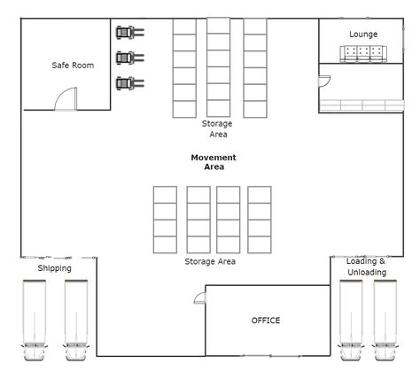 This is a warehouse floor plan that shows the layout of a warehouse. A floor plan is a planning tool used by professional builders, interior designers, and real estate agents when they are trying to develop or sell a new home or piece of land. The appearance of a room after construction or renovations are complete can be visualized using floor plans. Business Floor Plans Layout, Warehouse Plan Layout, Wearhouse Design Plan, Warehouse Layout Design, Warehouse Plans Architecture, Shop With Office Floor Plans, Warehouse Blueprints, Factory Design Industrial Layout, Small Warehouse Design Layout