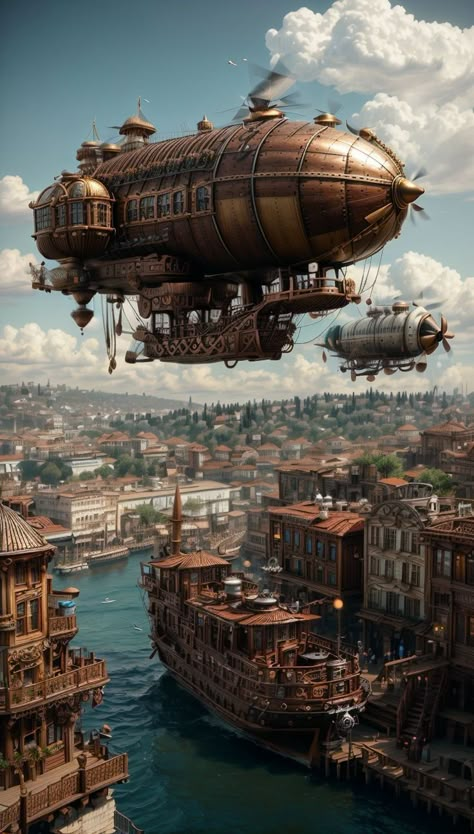 Ville Steampunk, Steampunk Illustration, Steampunk Vehicle, Steampunk City, Steampunk Artwork, Steampunk Airship, Steampunk Aesthetic, Art Steampunk, Fantasy City