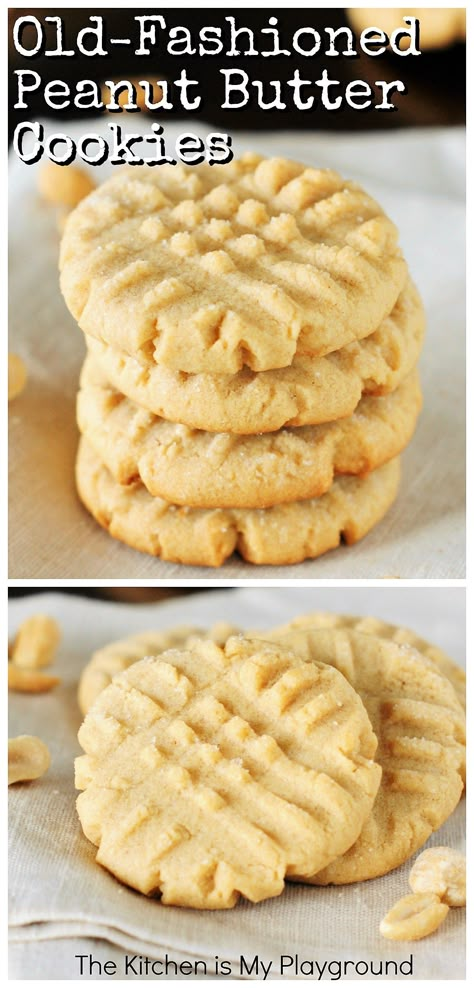 Grandma's Old-Fashioned Peanut Butter Cookies ~ Soft, tender, rolled in sugar, fork-pattern adorned & loaded with fabulous peanut butter flavor! These peanut butter cookies like Grandma used to make are the stuff childhood cookie memories are made of. #peanutbuttercookies #cookies www.thekitchenismyplayground.com Old Fashion Cookies, Peanut Butter Cookies Soft, Old Fashioned Peanut Butter Cookies, Peanut Butter Cookie Recipe Soft, Homemade Peanut Butter Cookies, Butter Cookies Easy, Soft Peanut Butter Cookies, Best Peanut Butter Cookies, Butter Cookie Recipe