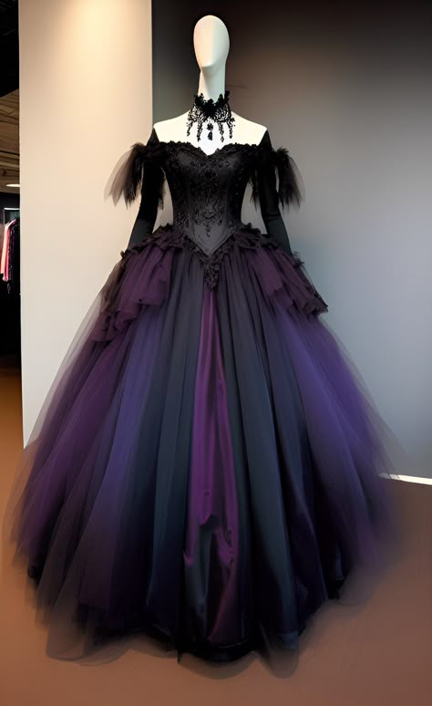 Purple And Black Gown, Black And Purple Prom Dress, Purple And Black Ball Gown, Purple Vampire Outfit, Black And Purple Dresses, Purple Masquerade Dress, Purple And Black Prom Dress, Goth Quinceanera, Prom Dresses Purple Dark