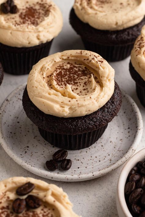 Coffee and chocolate lovers, these are for us! Moist cupcakes with deep chocolate flavor and a hint of espresso are topped with an ultra-creamy coffee buttercream in this epic mocha cupcakes recipe. Mocha Cupcakes With Espresso Buttercream, Chocolate Espresso Cupcakes, Espresso Cupcake, Espresso Muffins, Chocolate Coffee Cupcakes, Walnut Cupcakes, Espresso Buttercream, Espresso Cupcakes, Whipped Chocolate Ganache