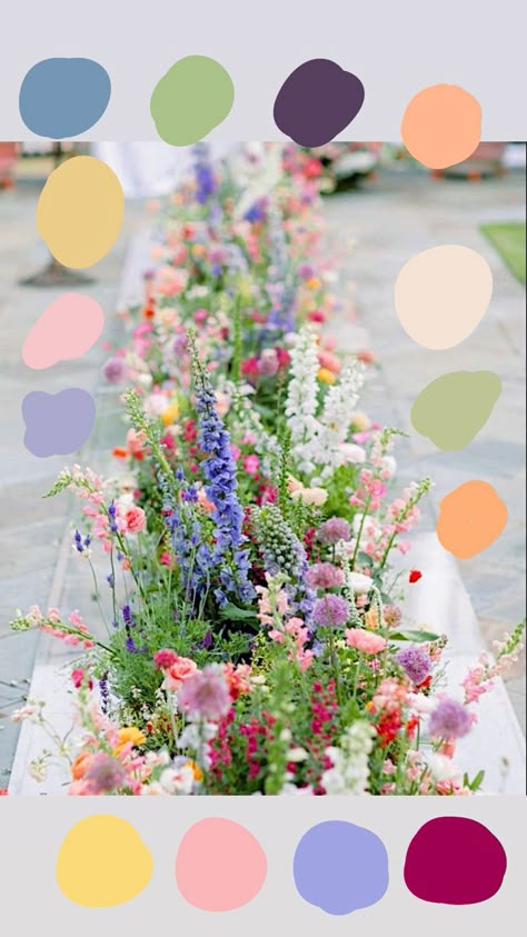 Wildflower Colorful Wedding, Colourful Whimsical Wedding, Multi Color Spring Wedding, Fun Wedding Palette, Backyard Colorful Wedding, Bright Colour Palette Wedding, Summer Wild Flower Wedding, Garden Party Colour Palette, Garden Theme Color Palette