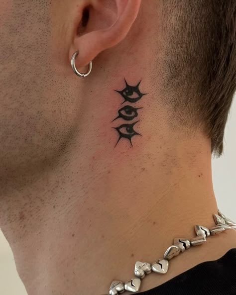 Dragon Neck Tattoo Men, Back Of Ear Tattoo Men, Three Eyes Tattoo, Man Neck Tattoo, Eye Tattoo Neck, Behind The Ear Tattoo Ideas For Men, Eye Neck Tattoo, Small Neck Tattoos Men, Behind Ear Tattoo Men