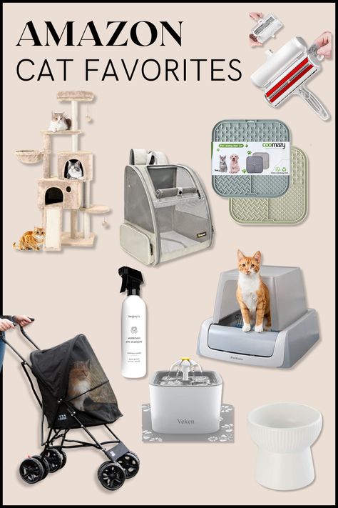 Cat products from amazon including litter box, chom chom, cat tree, back pack, water fountain, raised food bowl, stroller, and waterless shampoo. Cats Needs List, Cat Neccesities, Cool Cat Accessories, Cats Things Products, Cat Finds On Amazon, Best Cat Accessories, Cat Owner Essentials, Cute Cat Accessories For Cats, Cool Cat Gadgets