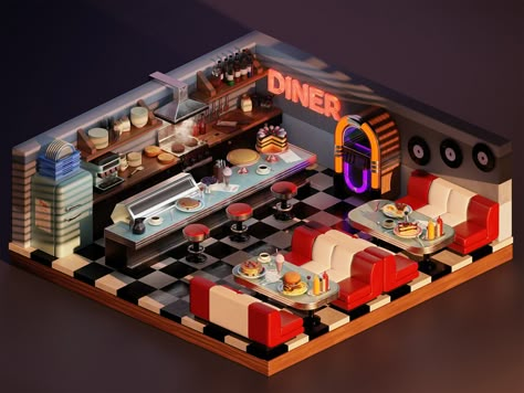 Diner by Alexandr Slepichev on Dribbble Diner Illustration, Miniature Diner, 3d Restaurant, Diner Interior, Sims4 Houses, Sims 4 Vampire, Diner Aesthetic, Mobile Restaurant, Restaurant Game