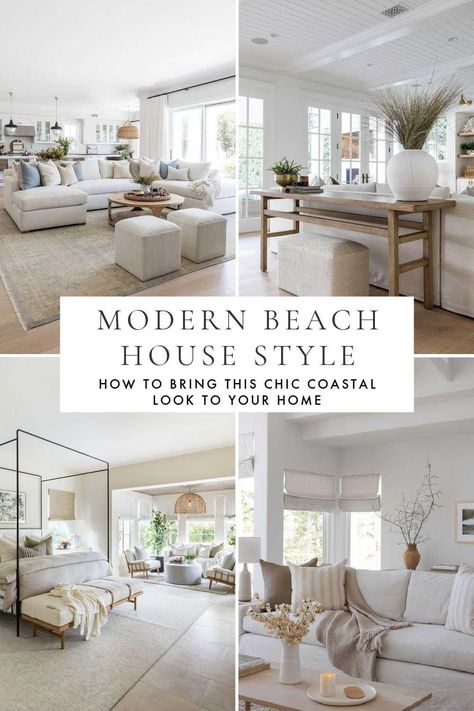 Beautiful beach house style decorating ideas to bring a touch of modern organic coastal style to your living room, bedroom, kitchen and home in 2024 - organic modern living room ideas - coastal living rooms - beach themed home inspo - modern cozy bedroom neutral Classy Beach House Interior Design, Beachy Style Home, New Beach House, Small Apartment Coastal Decor, Open Beach House, Luxe Beach House, Beautiful Interior Design Dream Homes, Coastal Modern Living Room Home Decor, Fancy Beach House Interior Design