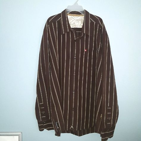 New Condition Never Worn; Dark Brown Long Sleeve W/ Cream Colored Vertical Stripes; One Front Pocket; Collar To End Of Shirt (Front Side) Is Appx: 29.5"L (Back Side - Little Longer) Is Appx: 31"L; Sleeve Is Appx: 25.5"L; Buttons Down The Shirt; Cuffed Wrists Striped Button Down, Long Sleeve Dress Shirts, Bing Bong, Brown Long Sleeve, Long Sleeve Shirt Dress, Vertical Stripes, Casual Shirts For Men, Casual Button Down Shirts, Front Pocket