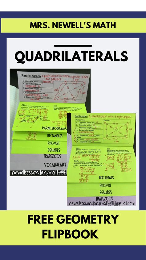 Free Quadrilaterals flipbook for the high school geometry class. Geometry Lessons High School, Teaching High School Math, Geometry Classroom Decor High Schools, Teaching Quadrilaterals, Middle School Geometry, High School Math Lesson Plans, Secondary Math Classroom, High School Geometry, Geometry Proofs