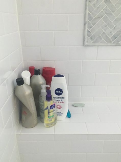 Shower Storage Solutions, Shower Bottles, Hidden Shower, Bathroom Cabinet Colors, Hidden Toilet, Bathroom Shower Organization, Bottles Diy, Hiding Ugly, Bathroom Cleaning Supplies