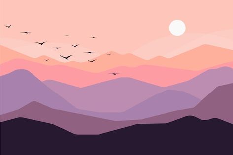 Landscape Flat Design, Vector Background Landscape, Mountain Sunset Illustration, Flat Vector Art, Mountains Illustration Art, Vector Illustration Background, Mountain Vector Art, Flat Design Illustration Landscape, Cute Wallpapers Landscape