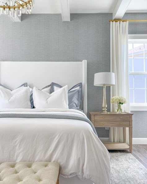 My Bedroom Makeover Sources - Frills and Drills Hamptons Bedroom Master Suite, Hamptons Bedrooms, Hampton Bedroom Ideas, Hampton Style Bedroom, Hampton Bedroom, Sherwin Williams Accessible Beige, Wallpaper Feature Wall, Hamptons Bedroom, Bedroom Wallpaper Accent Wall