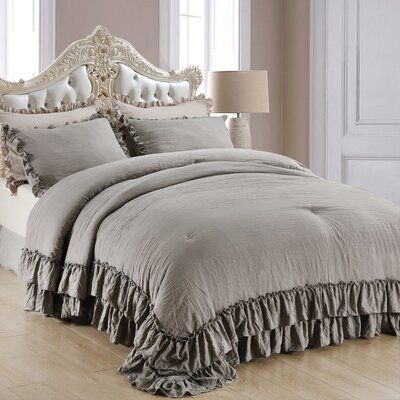 Brighten up your master suite and bring a touch of feminine style to your abode with this bedding set! it’s crafted from ultra-soft and cozy stone washes polyester and filled with a polyfill for warmth and comfort. Beautiful flowing ruffles, in a hue, add charming appeal to the shabby farmhouse comforter. It fits seamlessly into many decor themes, including farmhouse, coastal, shabby elegance, French country, minimalist, hygge and more. Color: Gray, Size: Queen Comforter + 2 Standard Shams | Ros Taupe Bedding, Boho Chic Bedding, Ruffle Comforter, French Country Bedding, Fluffy Comforter, King Size Comforter Sets, Grey Comforter Sets, Grey Comforter, King Size Comforters