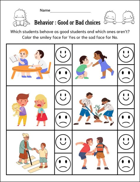 Behavior Good or Bad choices for the students , kindergarten Good And Bad Choices Preschool, Critical Thinking For Kindergarten, Good And Bad Manners Worksheets For Kids, Right From Wrong Activities, Skills For Kids To Learn, Social Emotional Skills Activities, Good And Bad Behavior Worksheet, Following Rules Activities For Kids, Manners For Kids Activities