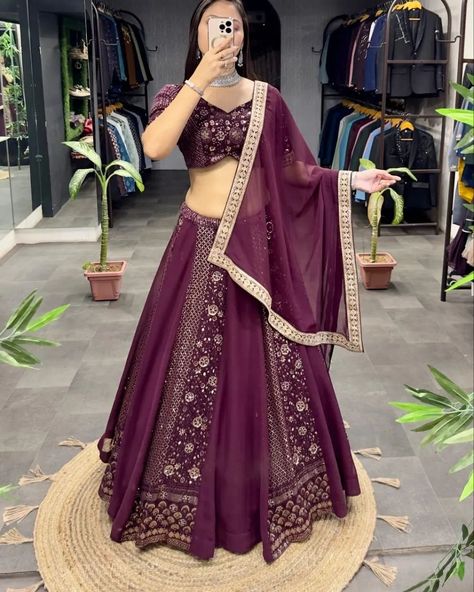 👇🏻lehenga details & pricing 👇🏻💰 *🥳 SKU :- AB -574 PREMIUM QUALITY 🥳* *Wine Designer Lehenga (Full stitched)* 🪷 *Lehenga:- (Full stitched)* Fabric :- Heavy Georgette (60 gm) Inner :- Crape + Canvas Belt + Can-Can Net Colour :- Wine Work :- Heavy Embroidery Zari + Sequence + Coding Lace Length :- 43" Size :- XL(42) Flair :- 4.5MTR 🪷 *Blouse :- (Full stitched)* Fabric :- Heavy Georgette (With Padded) Inner :- Cotton Size :- S (Chest 36) L(Chest 40) (Extra Margin) Blouse Length :-14.5 ” Wo... Golden Lehenga, Designer Dresses Elegant, Garba Dress, Blouse Colour, Saree Bollywood, Indian Lehenga Choli, Choli Blouse, Choli Designs, Canvas Belt