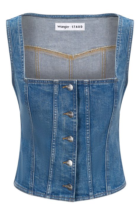 From a collab between brands representing fresh fashion and rugged heritage comes a denim bustier top tricked out in trucker trims. Exclusive retailer Front button closure Square neck Sleeveless 78% cotton, 20% recycled cotton, 2% elastane Dry clean Imported Square Neck Bustier Top, Denim Top Pattern, Denim High Fashion, Bustier Top Outfits, Denim Bustier Top, Denim Clothes, Denim Bustier, Cool Girl Outfits, Denim Tank Top